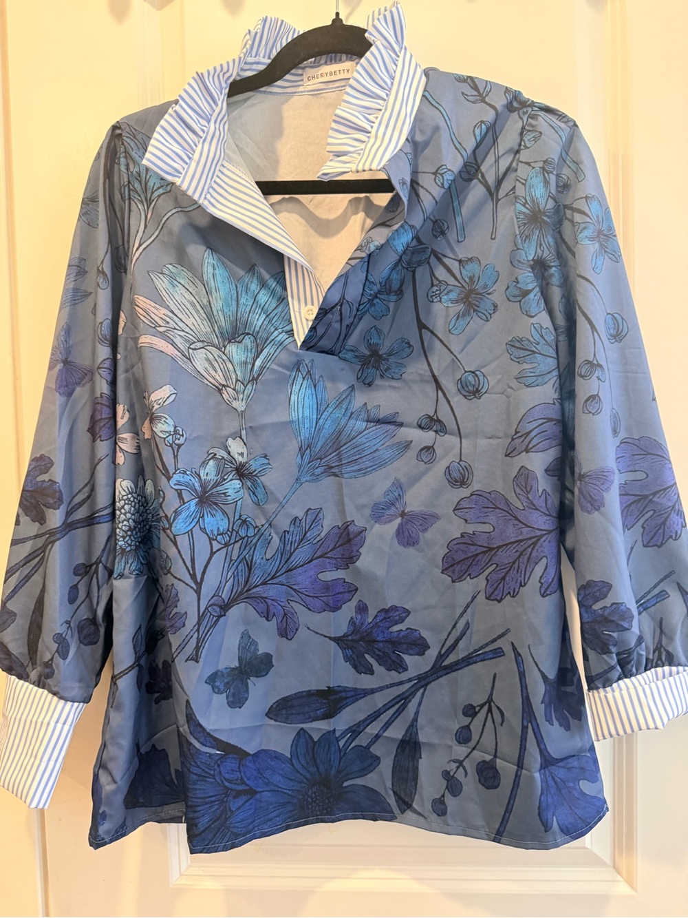 CheerryBetty Blue Floral Popover Tunic with Stripe-Trim Collar